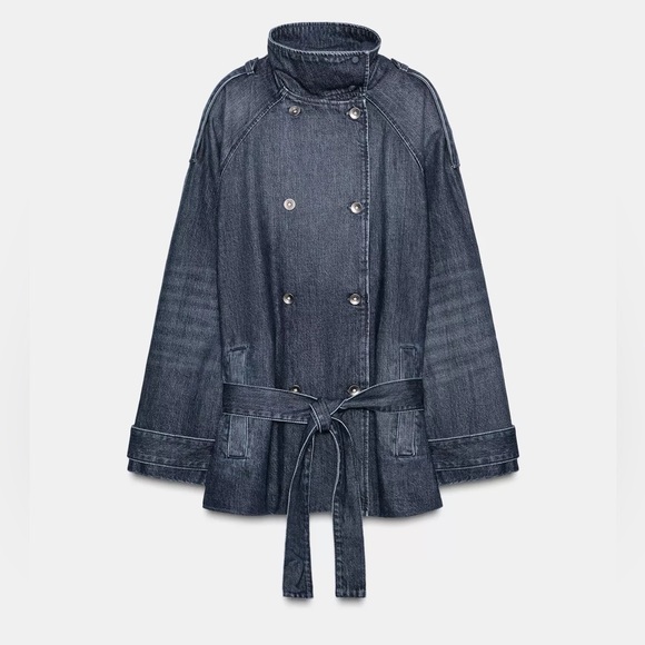ZARA TRF BELTED DENIM MIDI JACKET - Picture 9 of 11